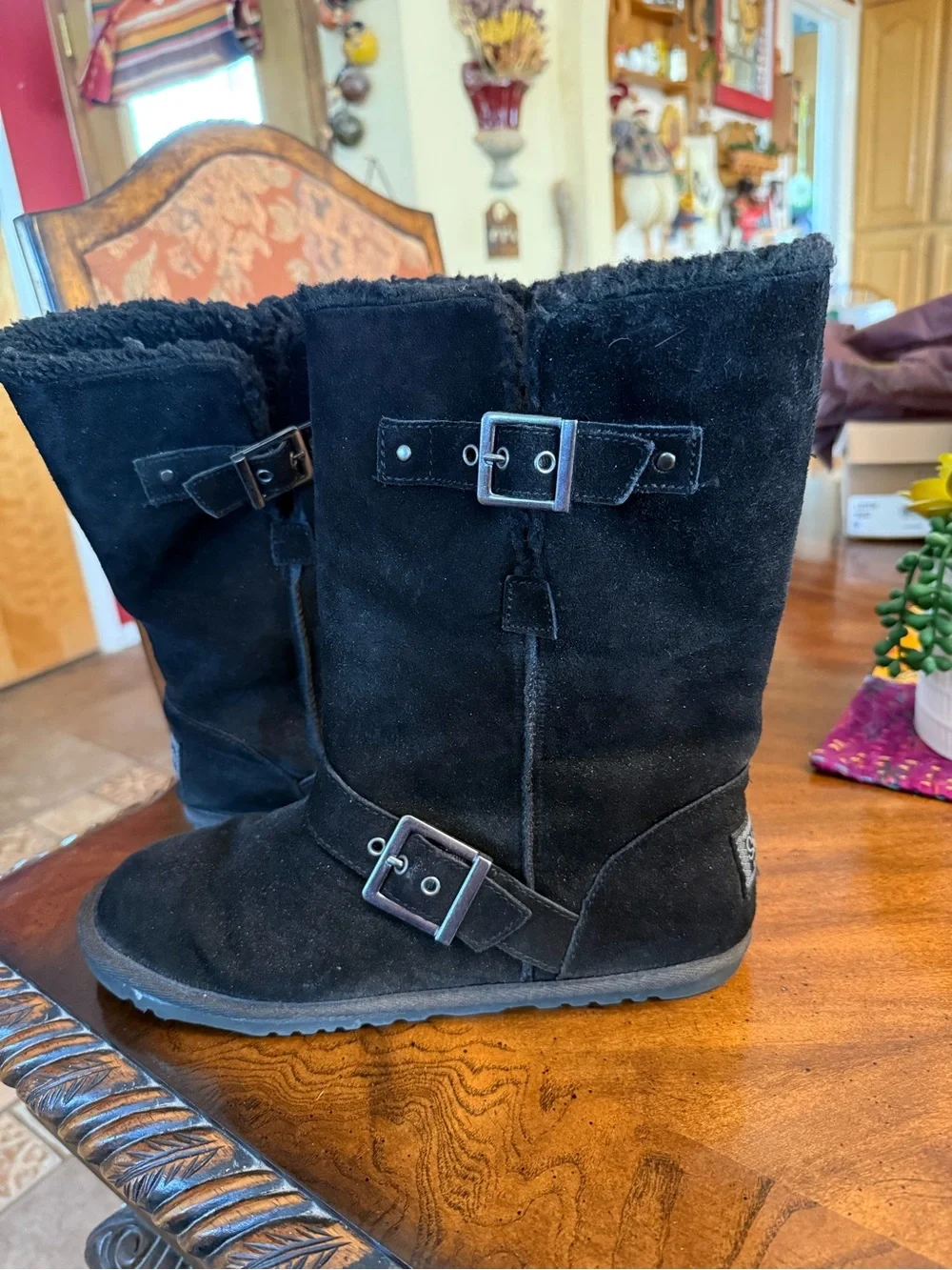 Skechers Black Suede Shearling-Lined Mid-Calf Buckle Boots